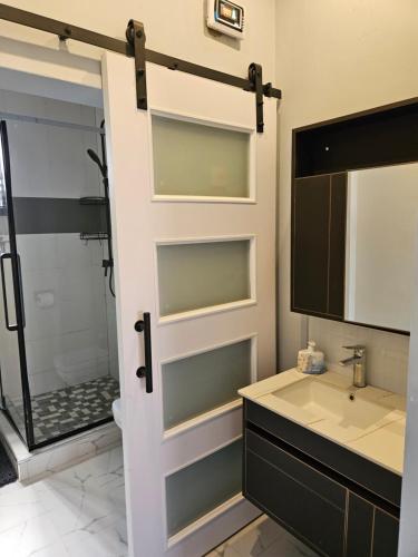 卢萨卡Villa Serene的带淋浴、盥洗盆和镜子的浴室