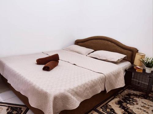 新山Dhana Palace Homestay Gelang Patah的床上有棕色枕头