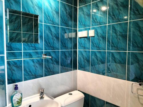 罗兹Gościniec u Zawierki的蓝色瓷砖浴室设有水槽和卫生间