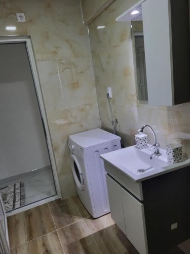 卡瓦达尔奇Jordanovi Premium Apartment的一间带洗衣机和水槽的浴室