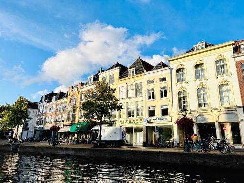 莱顿Leiden City Centre Canal View or Terrace View Apartments的河岸边的一组建筑物