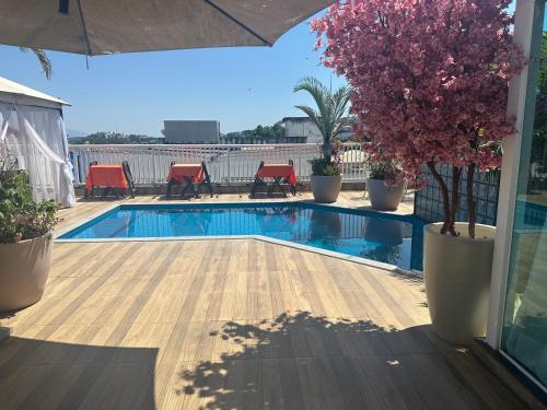 里约热内卢Hotel Pousada Irmaos Freyhardt的游泳池位于带椅子和遮阳伞的甲板上