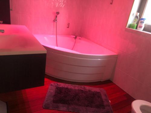 瑟兰Chambre d'hôtes le Vivaldi的粉红色的浴室设有浴缸和水槽