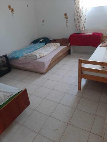 包道乔尼托毛伊Badacsonyi Panorámás magánszállás的客房设有两张床,铺有瓷砖地板。