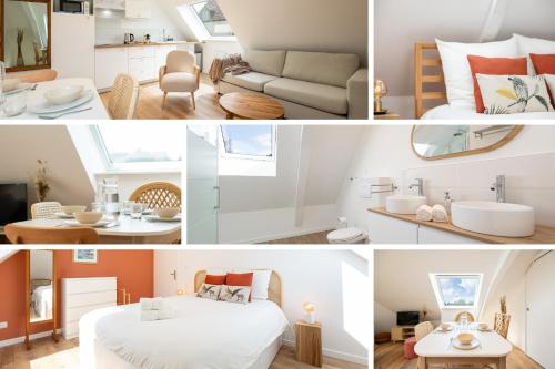 格拉沃利讷Duplex Petit-Fort proche plage的卧室和客厅的照片拼合在一起