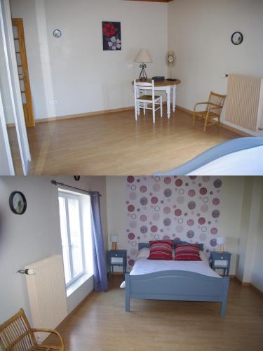 Gréville-HagueGîte du Lieu Piquot的一张床位和客厅卧室的两张照片