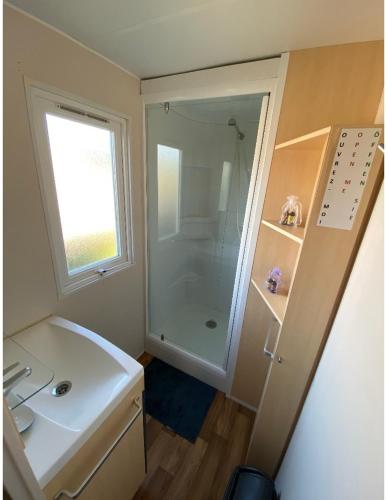 BoofzheimMobile home proche de Europa Park的带淋浴和白色盥洗盆的浴室
