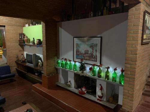伊塔佩塞里卡-达塞拉Sítio em Itapecerica da serra的一间客厅,里面装有一束绿瓶