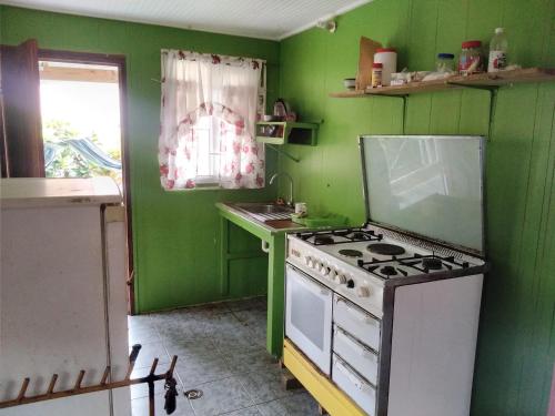 罗索Ian Creole Garaden Cottages的绿色厨房配有炉灶和水槽
