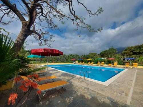 切里亚莱Camping Bella Vista的毗邻度假酒店的带长椅和遮阳伞的游泳池
