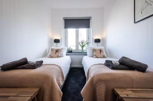 阿姆斯特丹Cozy 2-bedroom apartment的带窗户的客房内的三张床