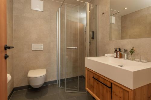 Sankt WolfgangSeetalblick的浴室配有卫生间、盥洗盆和淋浴。