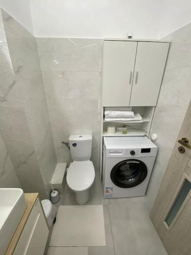 RoşuApartament tip studio的一间带卫生间和洗衣机的小浴室