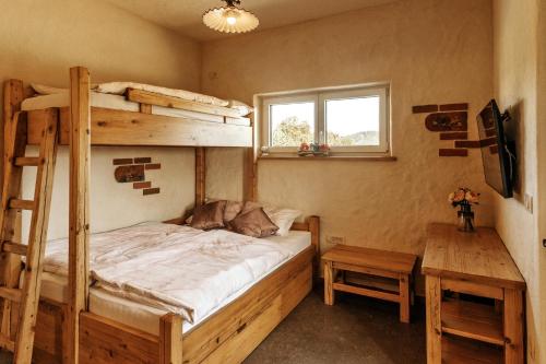 斯科吉卡Gostilnica Orle - Sleeping in the tower的一间卧室配有双层床和书桌