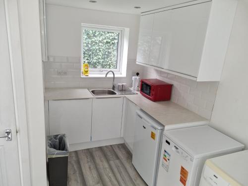 伦敦Holiday Out House的白色的厨房配有水槽和红色微波炉