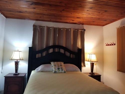 SiguatepequeHotel Estancia del Bosque Forest Guest House的一间卧室配有一张大床和两盏灯