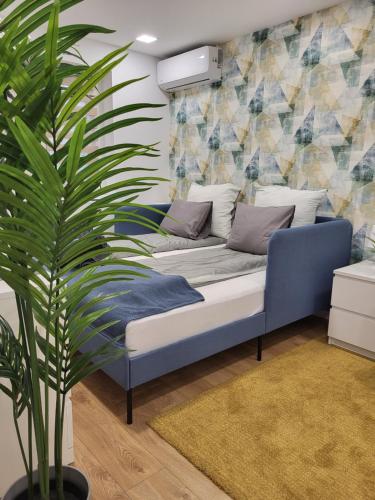多瑙新城Kossuth 10的客厅里长着长沙发,长着植物