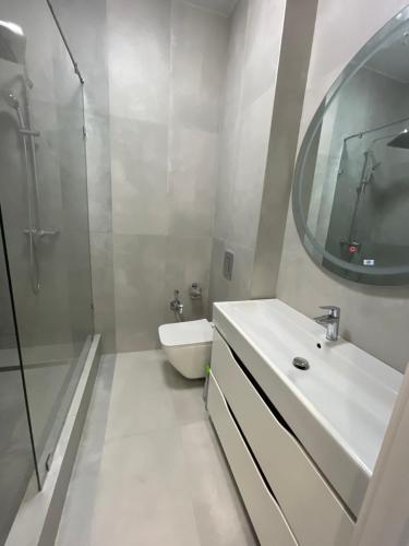 阿拉木图Стильные апартаменты недалеко от Парка Президента的白色的浴室设有水槽和镜子