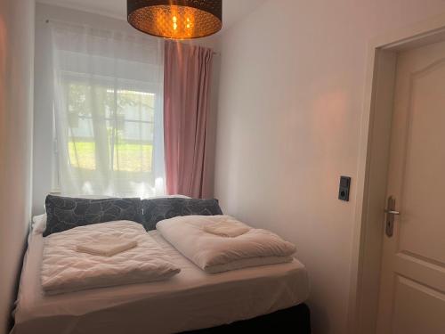 HeideblickWormis Apartment Heideblick bei Luckau的窗户间内的一张带两个枕头的床
