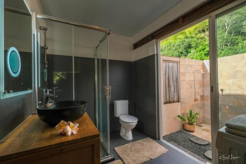 FaaonePOELANI的一间带黑色水槽和卫生间的浴室
