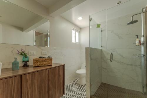 奇瓦瓦Casa Elefante hermosa y Centrica的一间带玻璃淋浴和卫生间的浴室