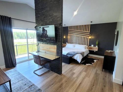 肖洛Luxurious Mountain Retreat!的一间卧室配有一张床、一张书桌和一台电视