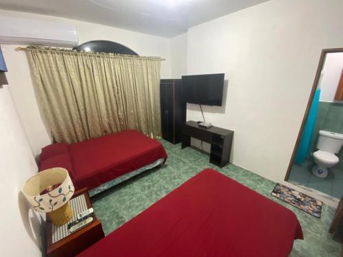 巴克里索莫雷诺港EMMA HOUSE的客厅配有红色沙发和电视