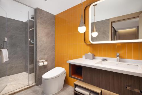 成都成都宽窄巷子希尔顿惠庭酒店的浴室配有卫生间、盥洗盆和淋浴。
