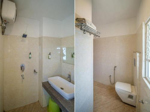古瓦哈提Parnil Palace的浴室设有水槽和卫生间,两幅图片