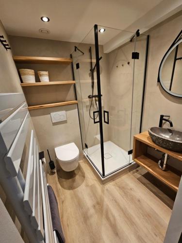 诺德奈Kaiserhof 31 mit Meerblick - Reinke的带淋浴、卫生间和盥洗盆的浴室