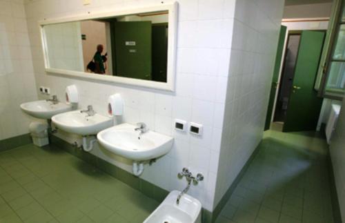 雷焦艾米利亚德拉吉亚拉学生宿舍旅馆的浴室设有3个水槽、小便器和镜子