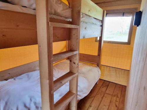 De VeenhoopLuxury glamping with private bathroom near the Frisian waters的客房内的双层床,带梯子