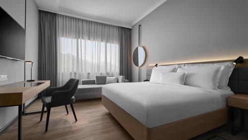 峇六拜AC Hotel by Marriott Penang的配有一张床和一张书桌的酒店客房