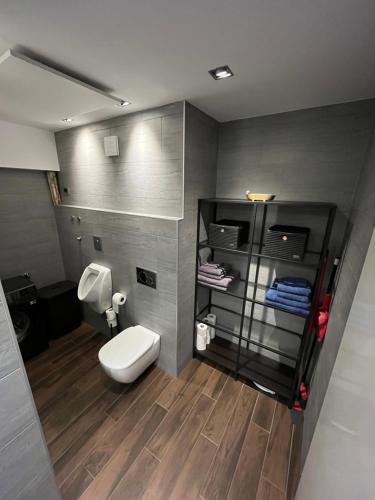 弗尔赫尼卡Apartment Bacci的一间带卫生间的浴室和一个带毛巾的架子