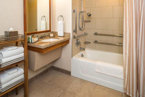 西塔科希尔顿西雅图机场酒店和会议中心的带浴缸、水槽和淋浴的浴室