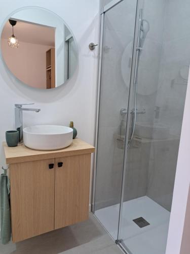 昂代Appartement proche plage hendaye的带淋浴、水槽和镜子的浴室