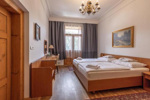 什特兰贝尔克Hotel Šipka的一间卧室配有一张床、一张书桌和一个窗户。
