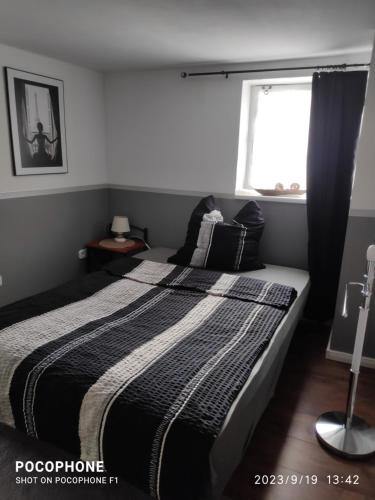 索斯特Annabell的卧室配有一张黑白床和窗户