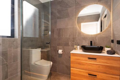 帕克德尔Secluded Bayside Oasis: BR w/ Spa-like BA的一间带卫生间、水槽和镜子的浴室