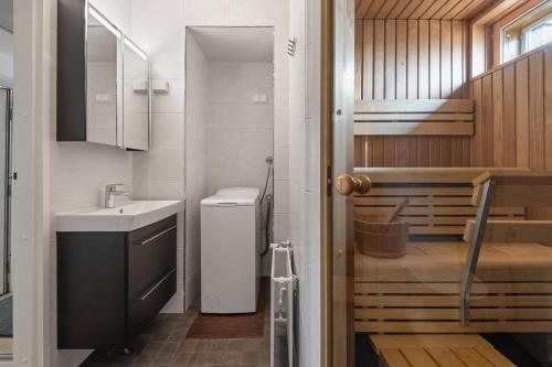 赫尔辛基WeHost Penthouse Studio with Sauna and Balcony @Meritullinkatu 13 A的一间带水槽和卫生间的小浴室