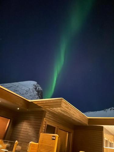 FjordgårdSegla bed & go的房屋屋顶上的极光