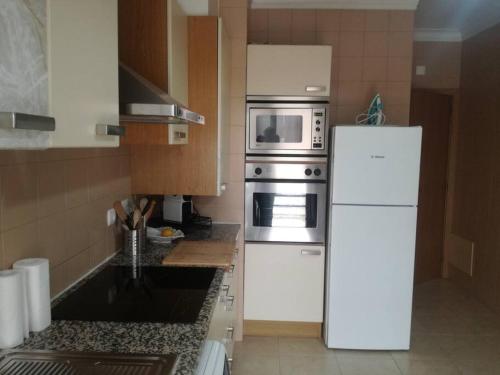 蒙蒂茹Apartamento da Aldeia的厨房配有白色冰箱和微波炉