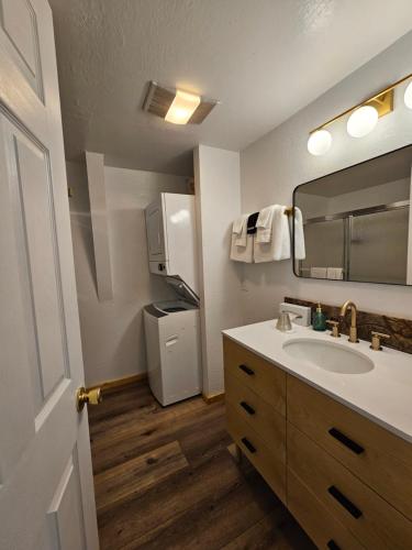 马姆莫斯湖红棕熊旅馆的一间带水槽和镜子的浴室
