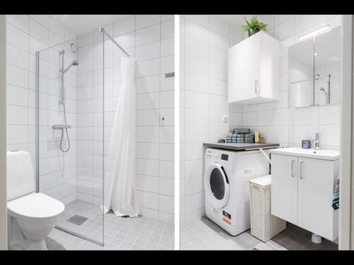 斯德哥尔摩Fresh and cosy apartment in the center of the city的浴室设有卫生间和淋浴,两幅图片