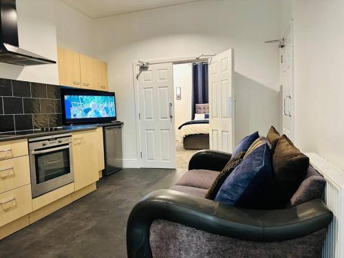 德比Bespoke 2 Bedroom Apt Derby City的带沙发和电视的客厅以及厨房