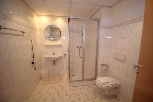 萨斯尼茨Villa Seeblick - Ferienwohnung 409的带淋浴、卫生间和盥洗盆的浴室