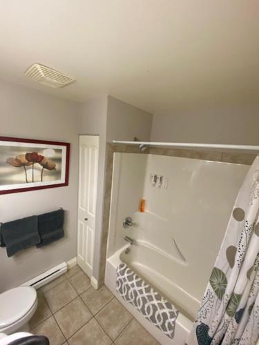 布伦特伍德湾Guest suites on Benvenuto的带浴缸、卫生间和淋浴的浴室。