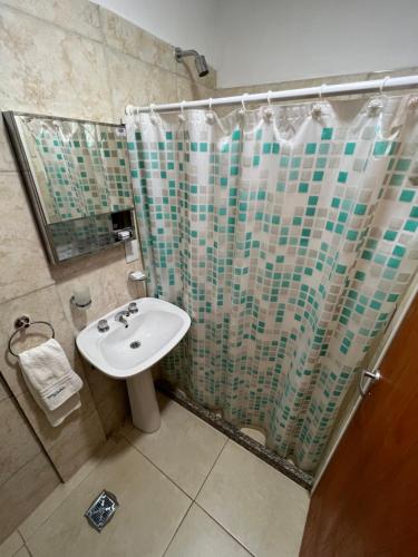 康考迪亚Delsa的一间带水槽和淋浴帘的浴室