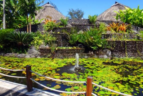 帕皮提Leili Home - Papeete的花园内有一个池塘,里面有一个喷泉
