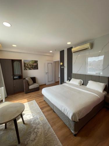 尼兹瓦Nizwa Park House Apartment的卧室配有一张白色的大床和一张沙发。